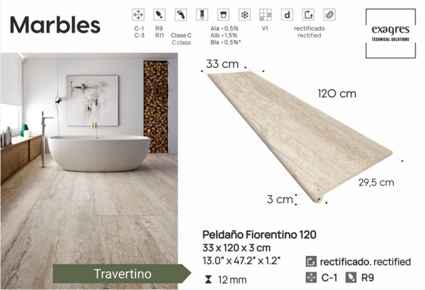 Ступень флорентийская рядовая Exagres Marbles Travertino Peldano Flor 120, 33x120x3см, C1/R9