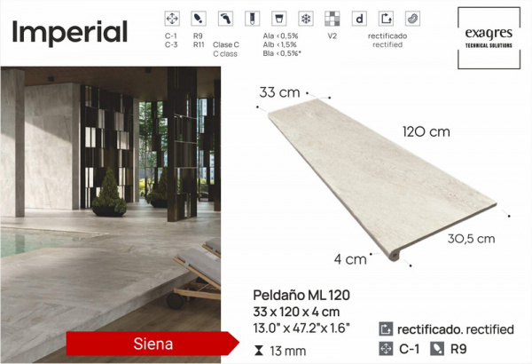Ступень флорентийская рядовая Exagres Imperial Siena Peldano Flor 120, 33x120x3см, C1/R9