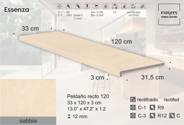 Ступень прямоугольная рядовая Exagres Essenza Sabbia Peldano recto 120, 33x120x3см, C3/R12 Anti-slip