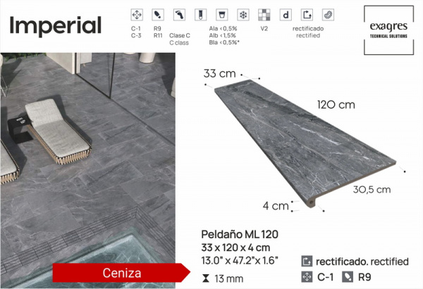 Ступень флорентийская рядовая Exagres Imperial Ceniza Peldano Flor 120, 33x120x3см, C1/R9