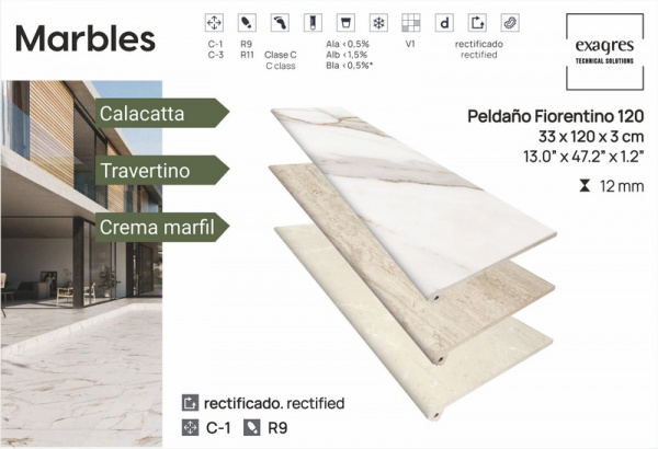 Ступень флорентийская рядовая Exagres Marbles Crema Marfil Peldano Flor 120, 33x120x3см, C1/R9