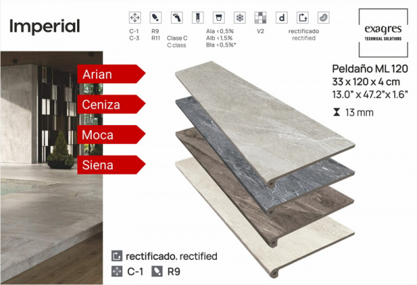 Ступень флорентийская рядовая Exagres Imperial Ceniza Peldano Flor 120, 33x120x3см, C1/R9