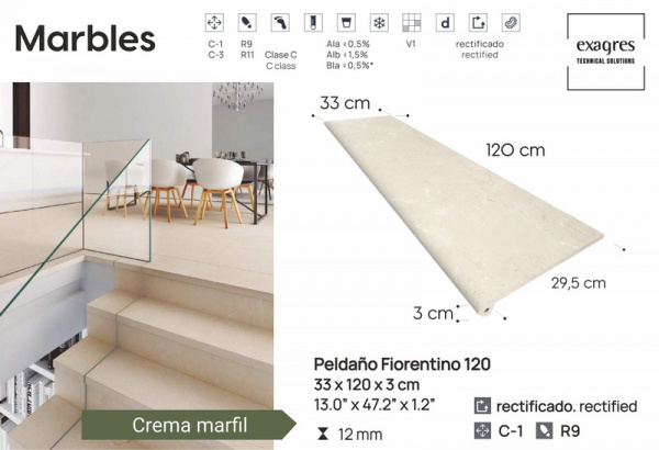 Ступень флорентийская рядовая Exagres Marbles Crema Marfil Peldano Flor 120, 33x120x3см, C1/R9